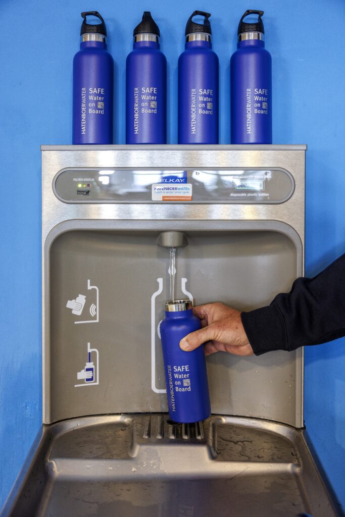Water bottle filling station provided by Hatenboer-Water as part of the Plastic Free @ Sea solution